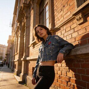 AMERICAN EAGLE Denim  Cropped Frayed Jean Jacket